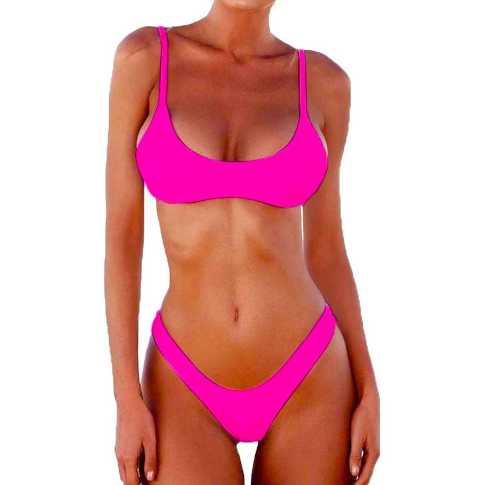 Vibrant Hot Pink Scoop Neck Push Up Padded Brazilian
Thong Bikini Swimsuit